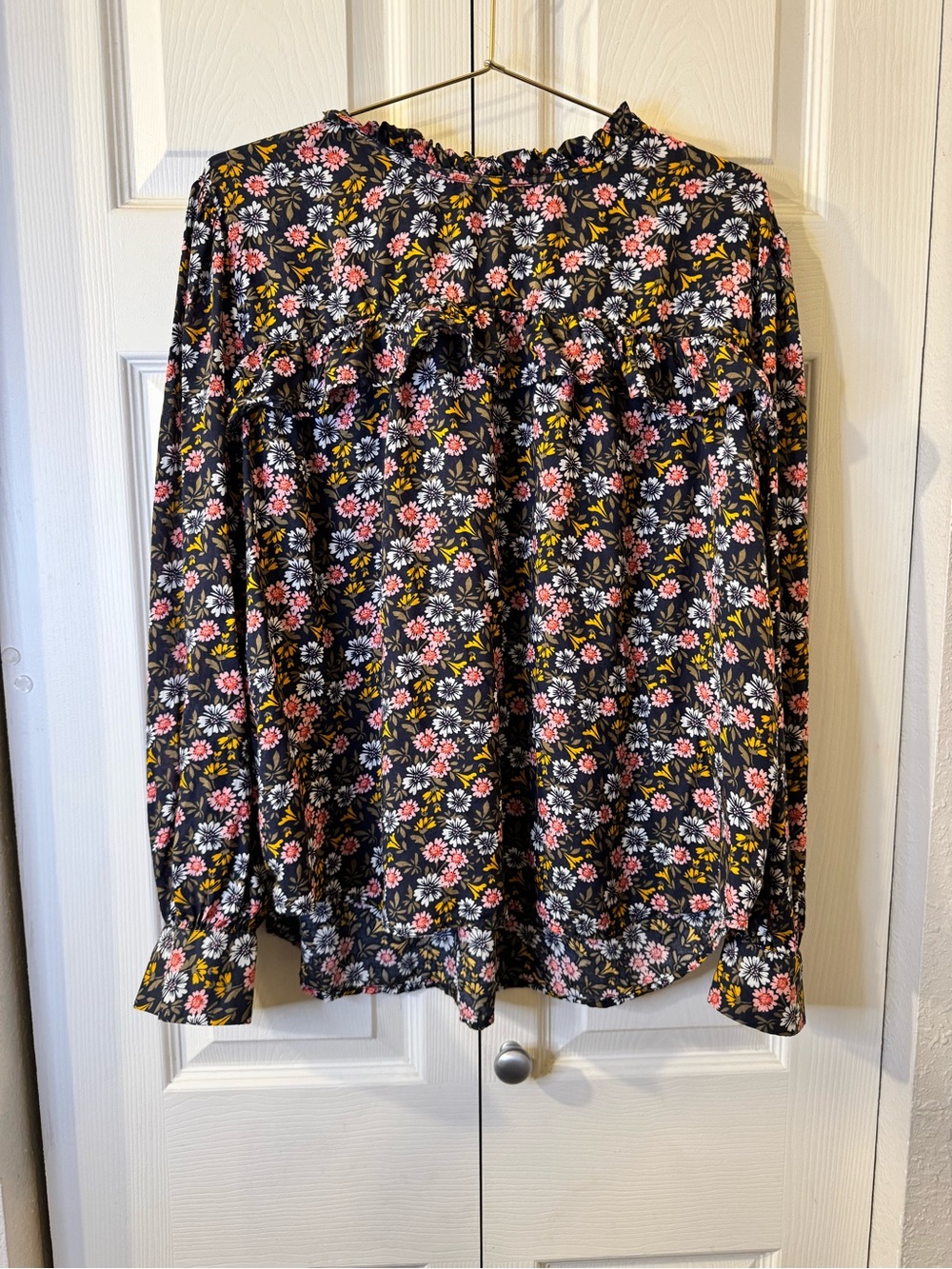 LOFT Black Floral Ruffle-Front Blouse